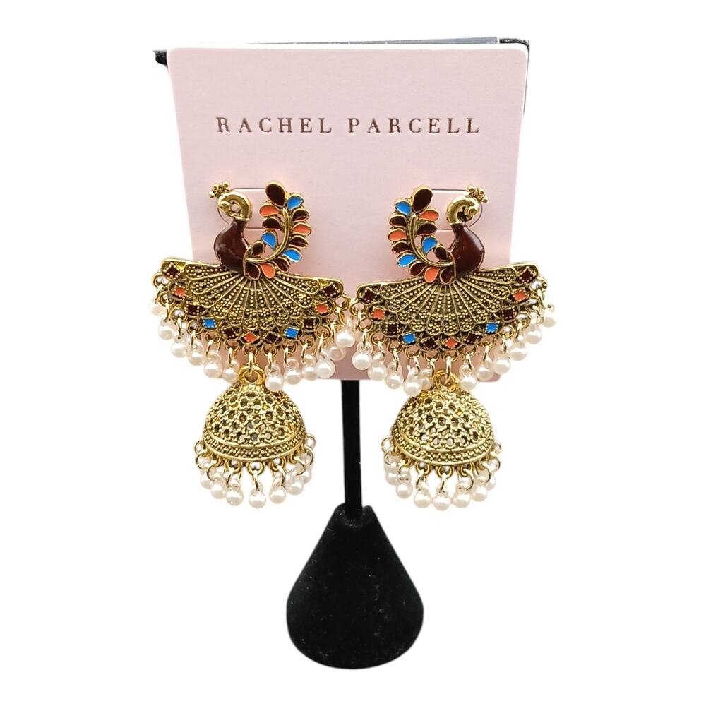 Rachel Parcell Peacock Filigree Jhumka Earrings Gold Tone, Enamel & Pearl Drops
